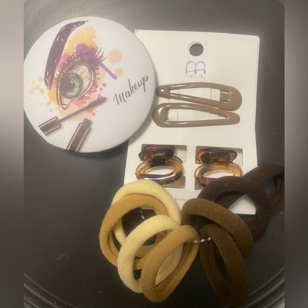 Hair Ties, Clips, and Barrettes with Compact Makeup Mirror  • New